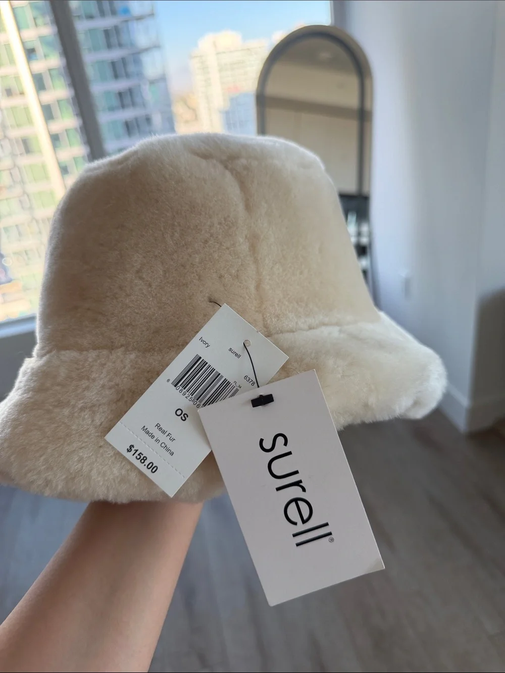 Surell Plush Faux Fur Bucket Hat in Ivory